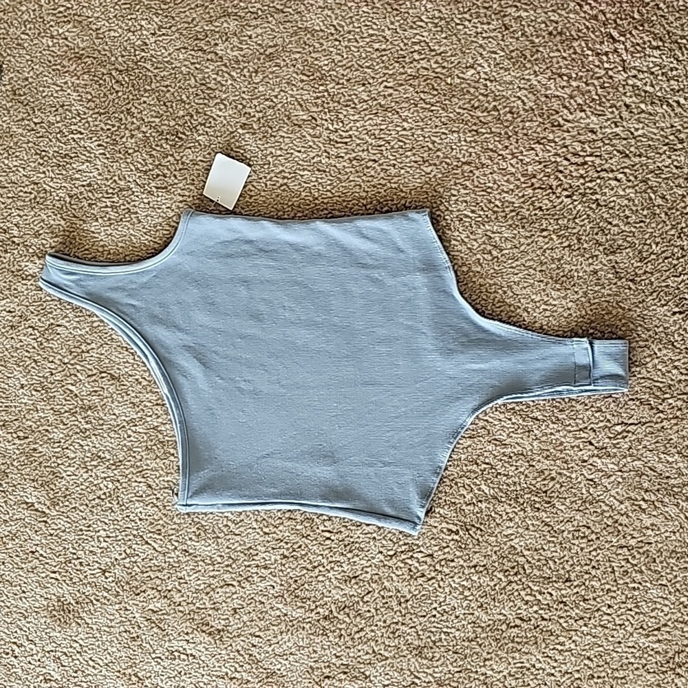 Charla One Shoulder Ribbed Thong Bodysuit Light Blue